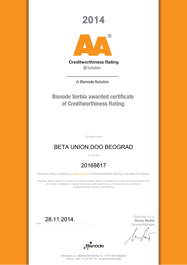 AA sertifikat BeTa Union